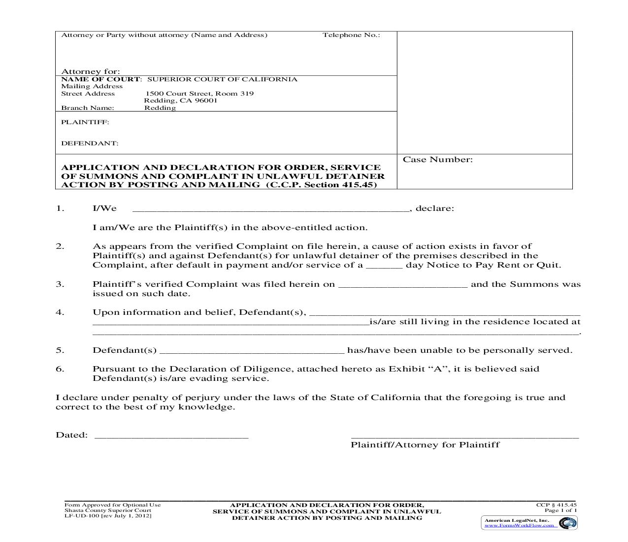 Application And Declaration For Order Service Of Summons And Complaint {LF-UD-100} | Pdf Fpdf Doc Docx | California