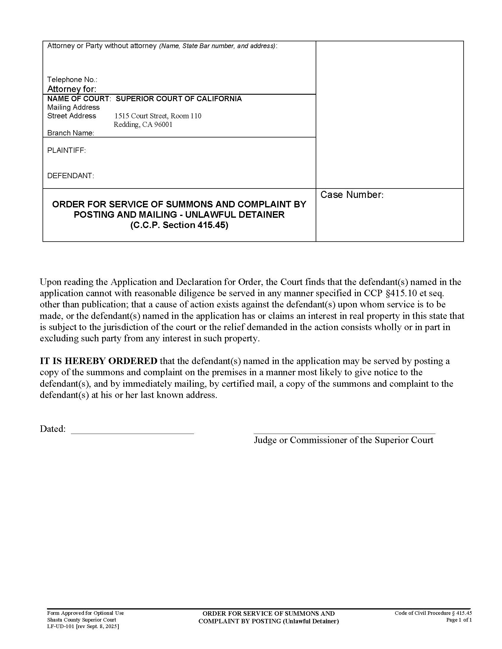 Order For Service Of Summons And Complaint By Posting (Unlawful Detainer) {LF-UD-101} | Pdf Fpdf Doc Docx | California