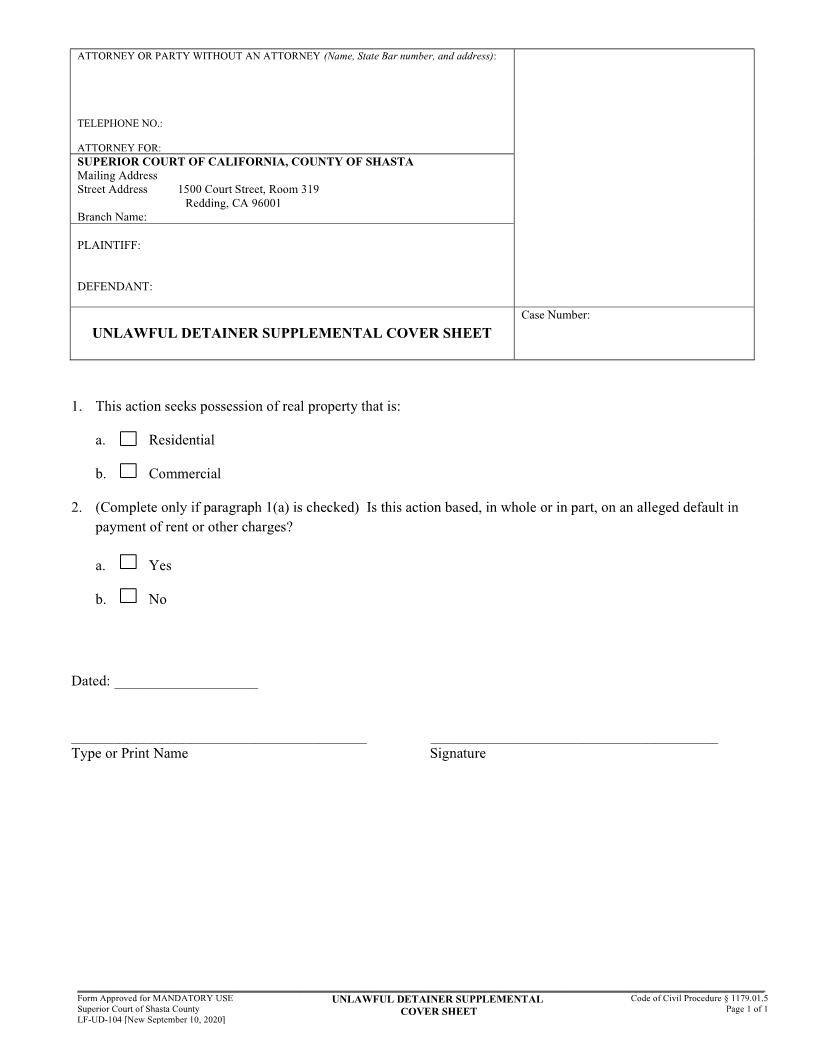 Supplemental Cover Sheet {LF-UD-104} | Pdf Fpdf Docx | California
