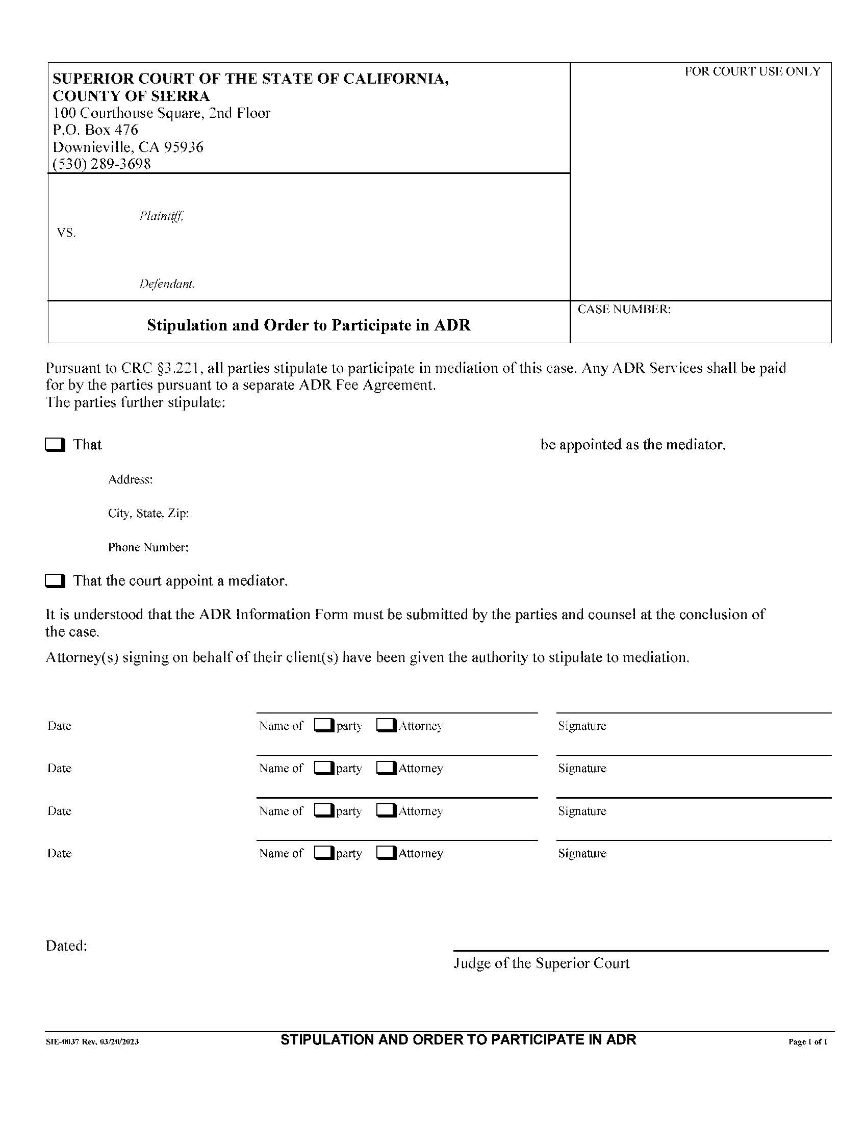 Stipulation And Order To Participate In ADR {SIE-0037} | Pdf Fpdf Docx | California