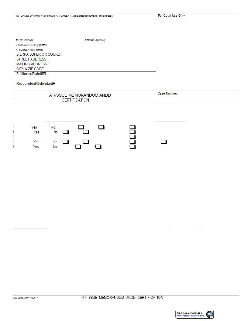 At Issue Memorandum And Certification {SIE-0001} | Pdf Fpdf Docx | California