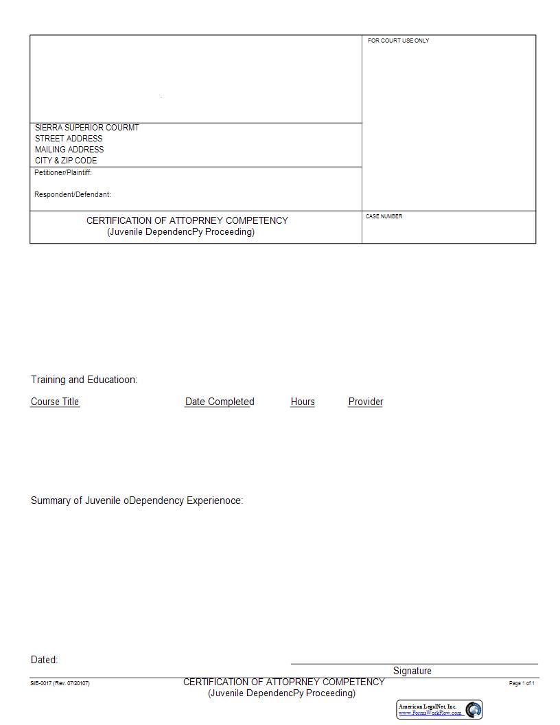 Certification Of Attorney Competency Juvenile Dependency Proceeding {SIE-0017} | Pdf Fpdf Docx | California