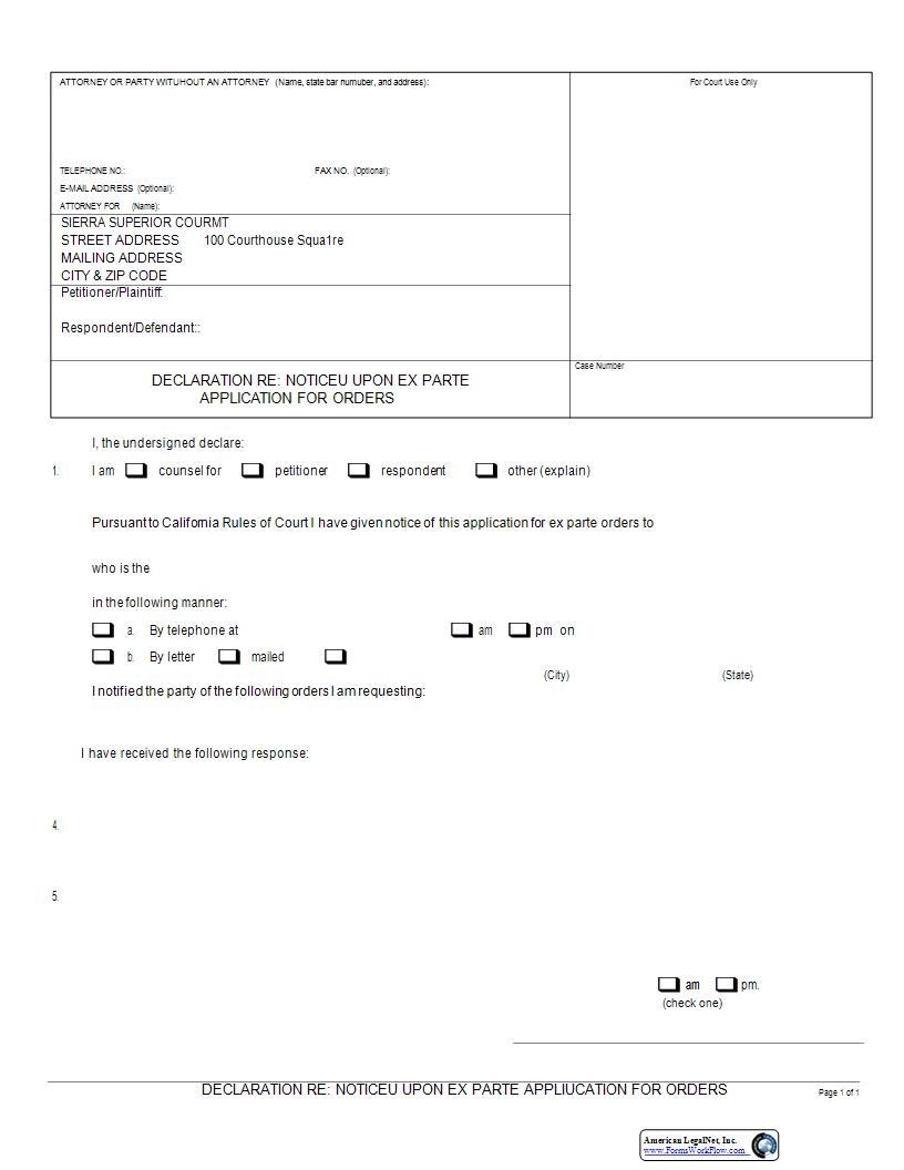 Declaration Re Notice Upon Ex Parte Application And Orders {SIE-0020} | Pdf Fpdf Docx | California