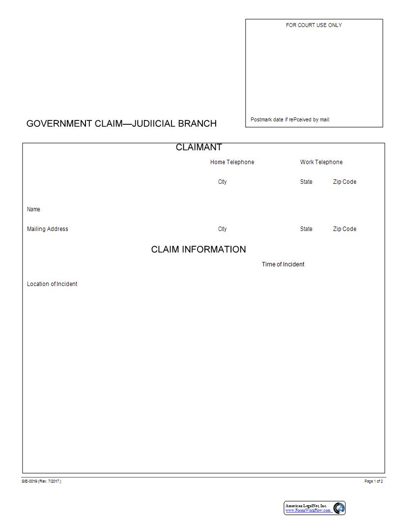 Government Claim-Judicial Branch {SIE-0019} | Pdf Fpdf Docx | California
