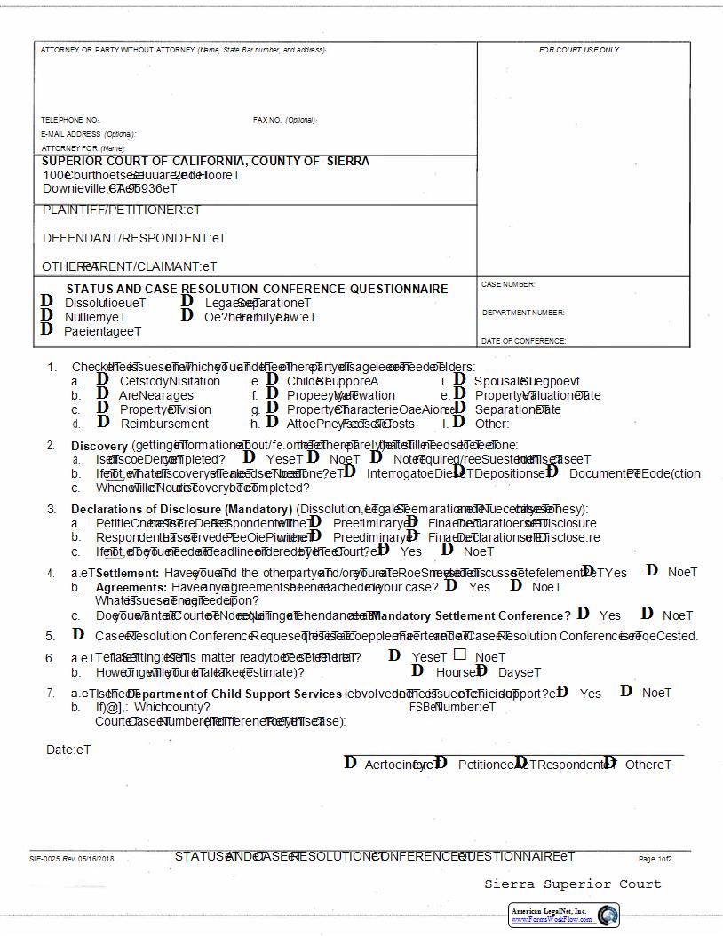 Status And Case Resolution Conference Questionnaire {SIE-0025} | Pdf Fpdf Docx | California