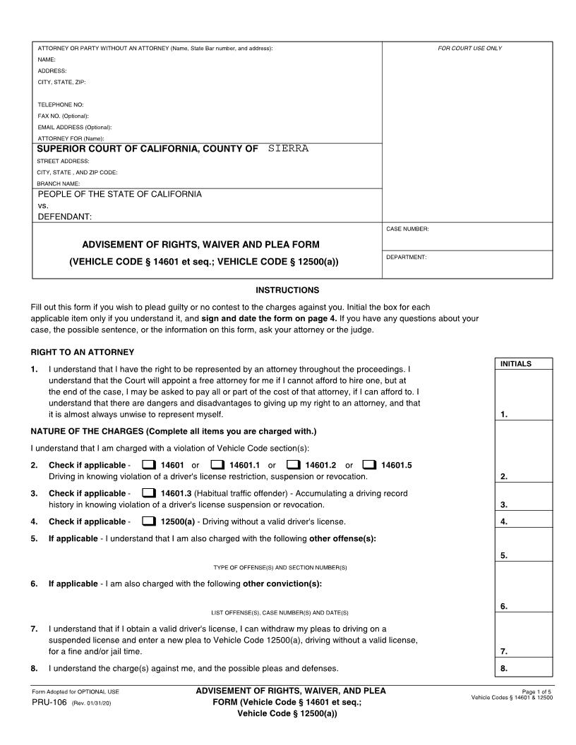 Advisement Of Rights Waiver And Pleas Form (Sierra) {PRU-106} | Pdf Fpdf Docx | California