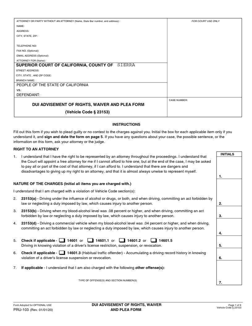 DUI Advisement Of Rights Waiver And Plea Form (Sierra) {PRU-103} | Pdf Fpdf Docx | California