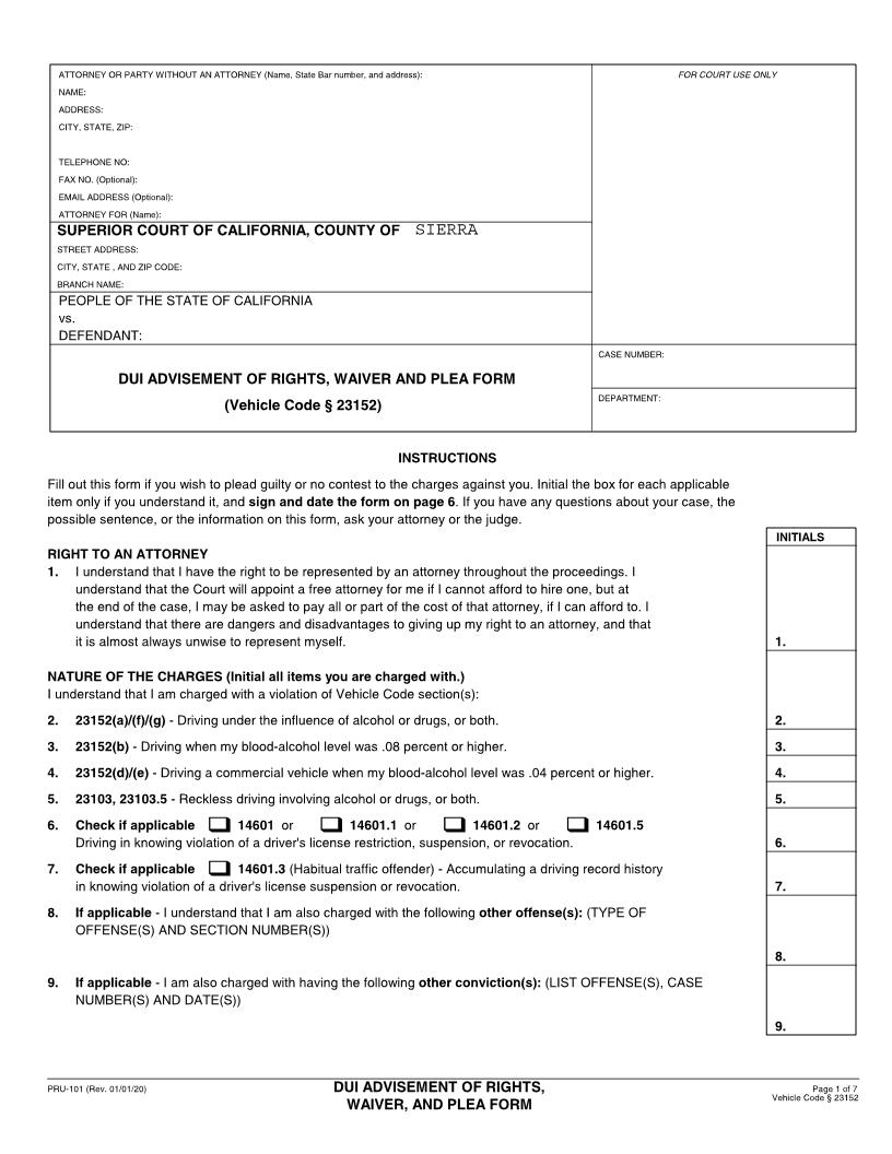 DUI Plea Form First Offence (Sierra) {PRU-101} | Pdf Fpdf Docx | California