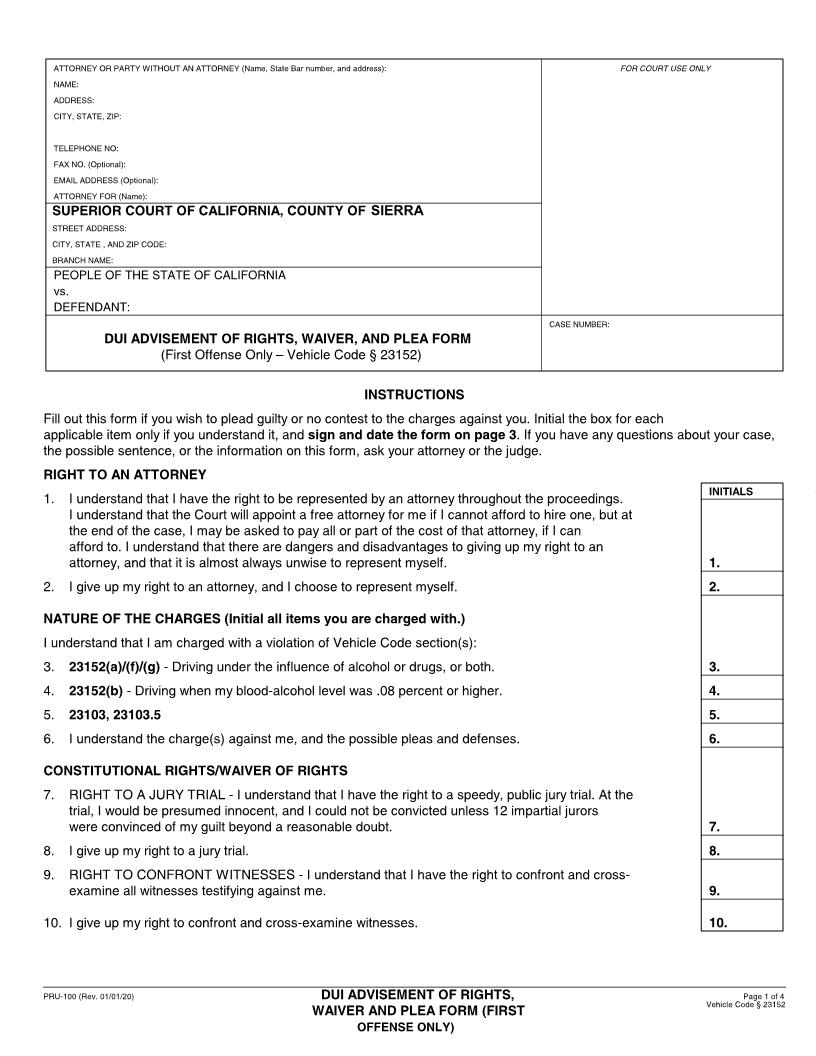 DUI Plea Form First Offense (Sierra) {PRU-100} | Pdf Fpdf Docx | California