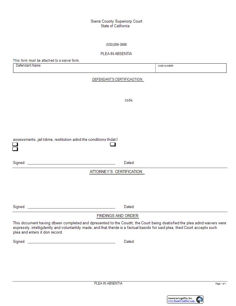 Plea In Absentia {SIE-0015} | Pdf Fpdf Docx | California