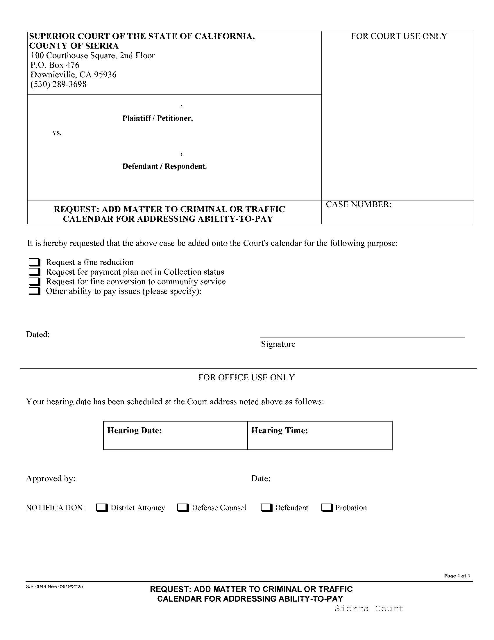 Request Add Matter To Criminal Or Traffic Calendar For Addressing Ability-To-Pay {SIE-0044} | Pdf Fpdf Docx | California
