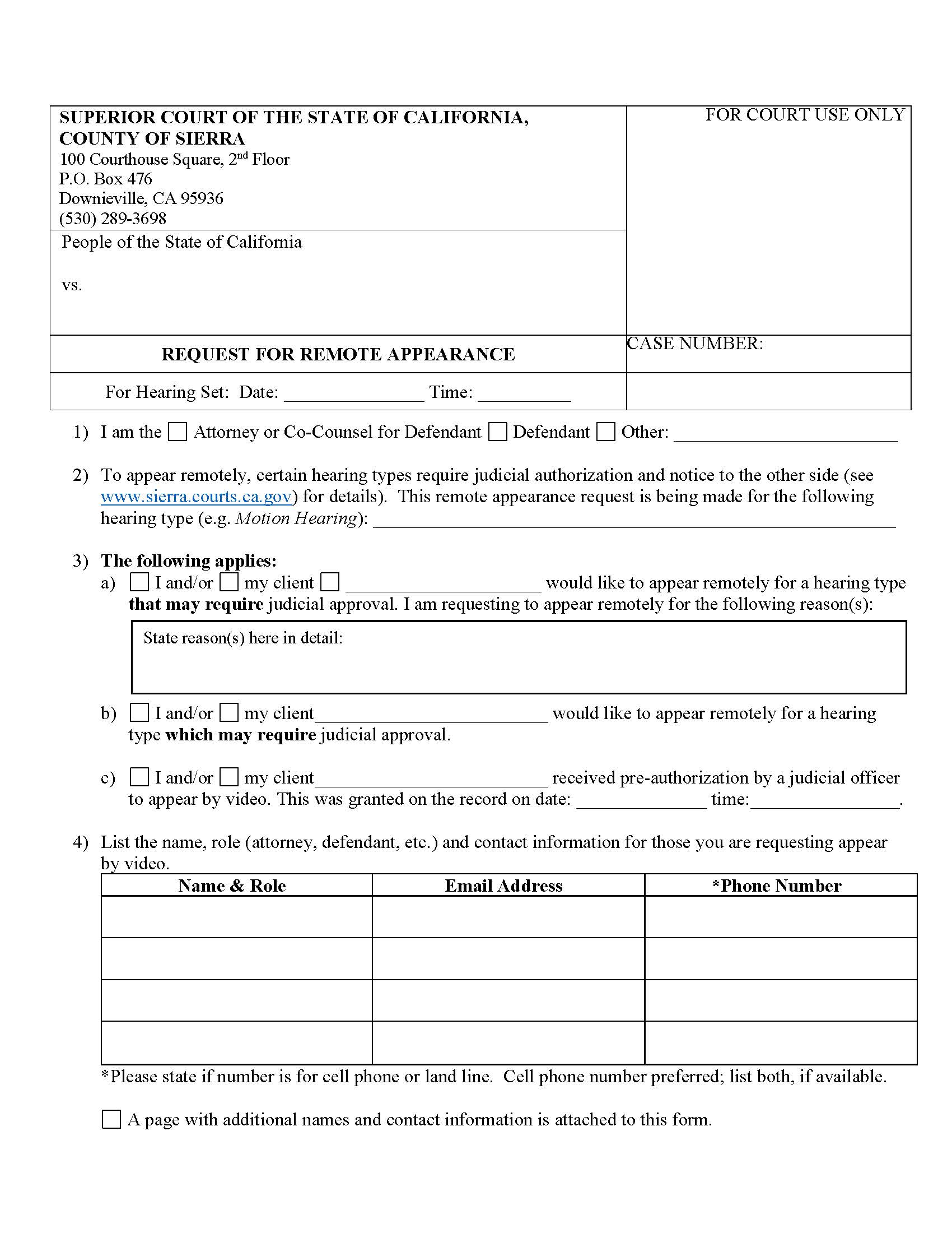 Request For Remote Appearance-Criminal {SIE-0035} | Pdf Fpdf Docx | California