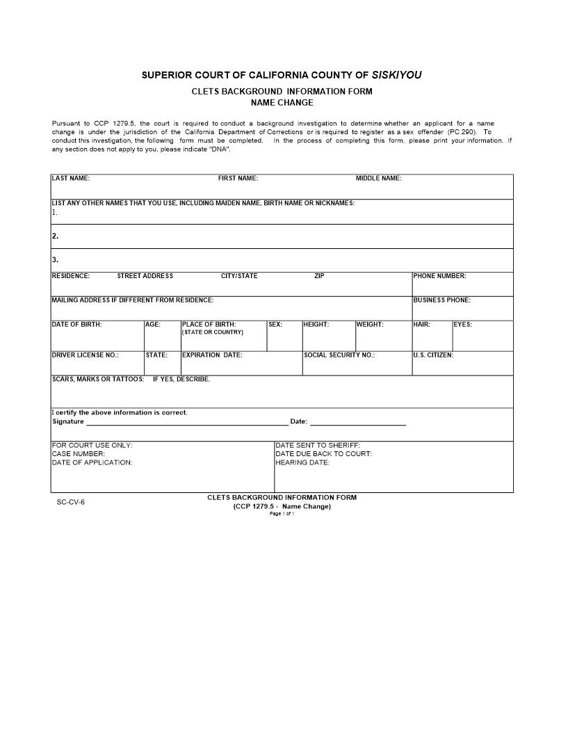 CLETS Name Change Form {SCCV-6} | Pdf Fpdf Docx | California
