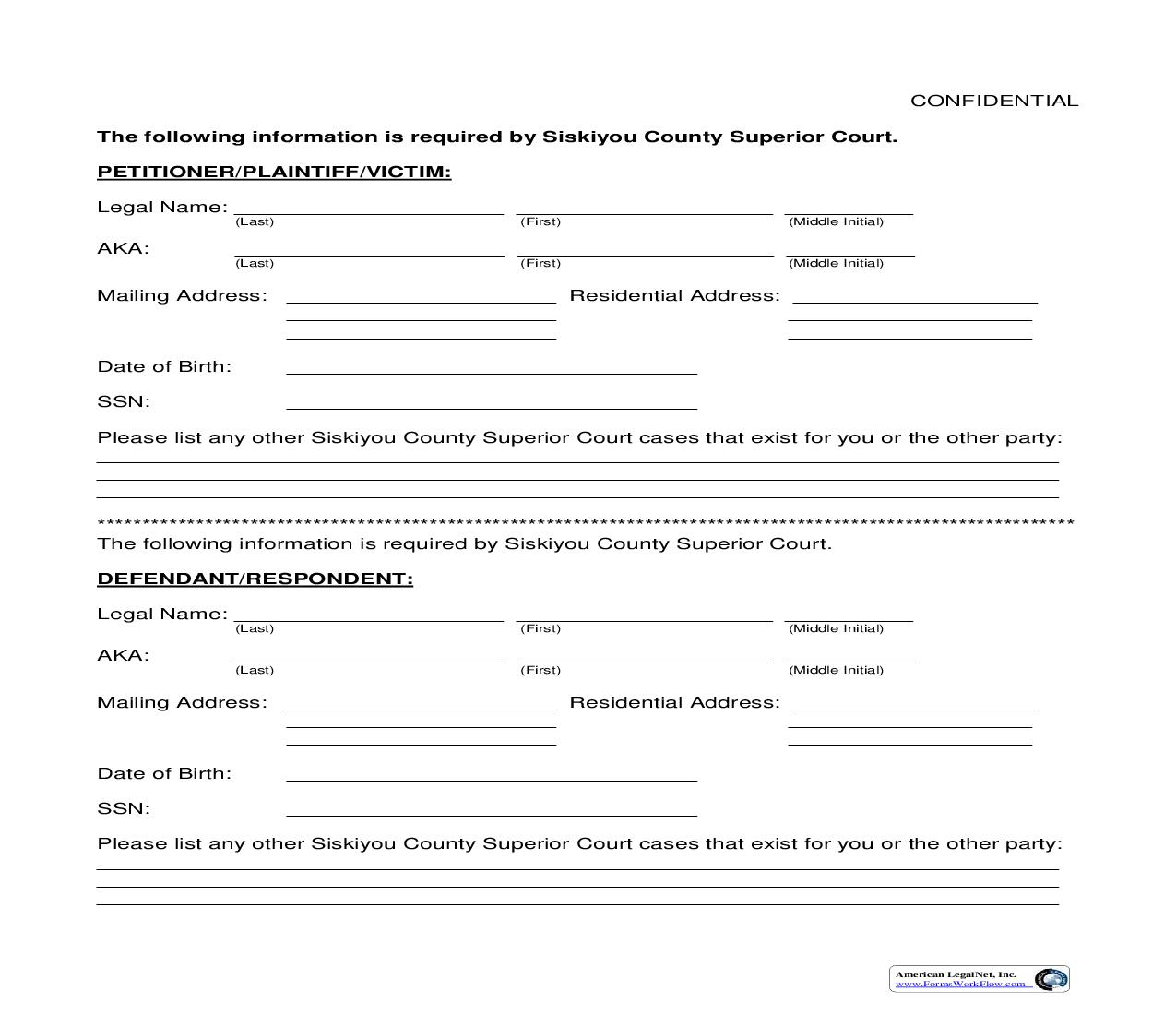 Confidential Form (Civil Case Party Information) {SC-CV-2} | Pdf Fpdf Doc Docx | California
