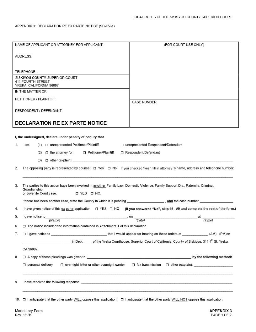 Declaration Re Ex Parte Notice {SC-CV-1} | Pdf Fpdf Doc Docx | California