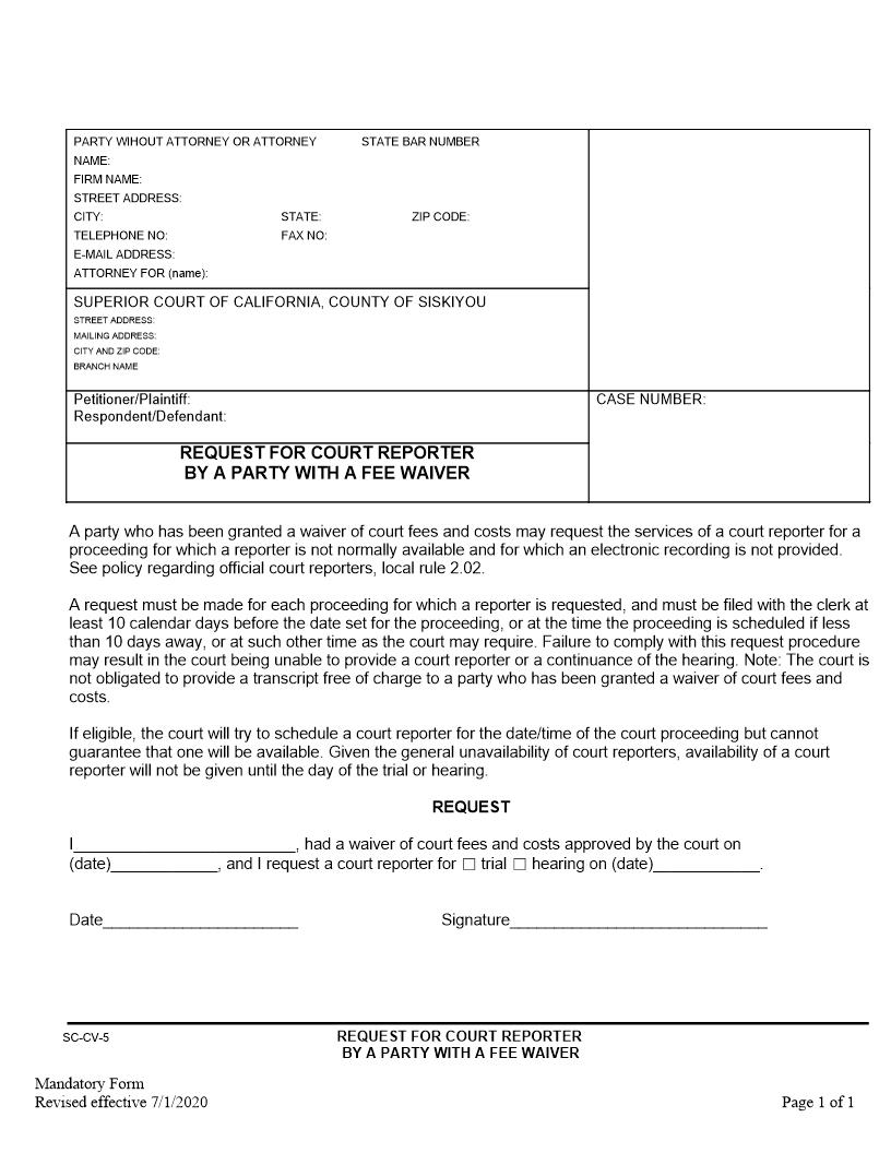 Request For Court Reporter By A Party With A Fee Waiver {SC-CV-5} | Pdf Fpdf Docx | California