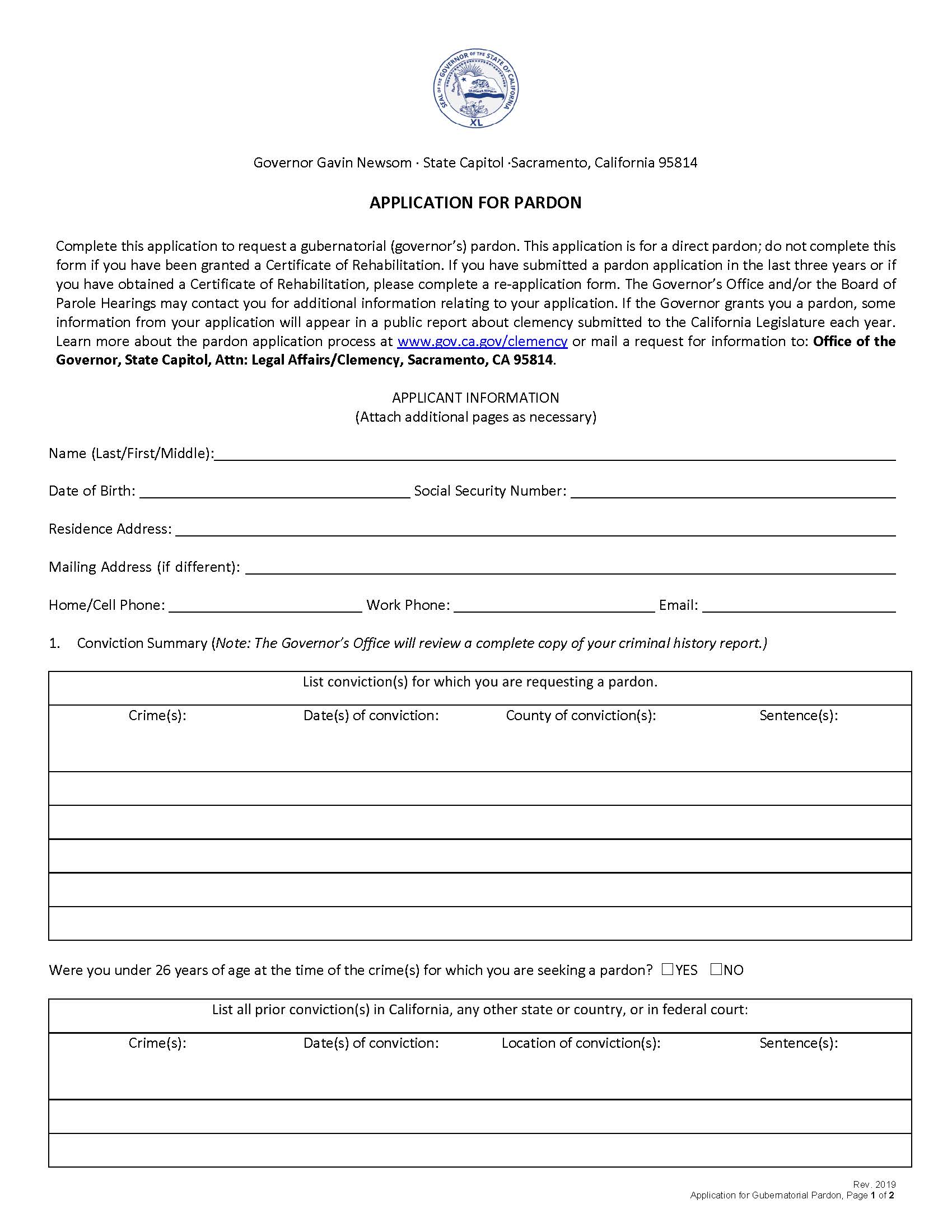 Application For Gubernatorial Pardon | Pdf Fpdf Doc Docx | California