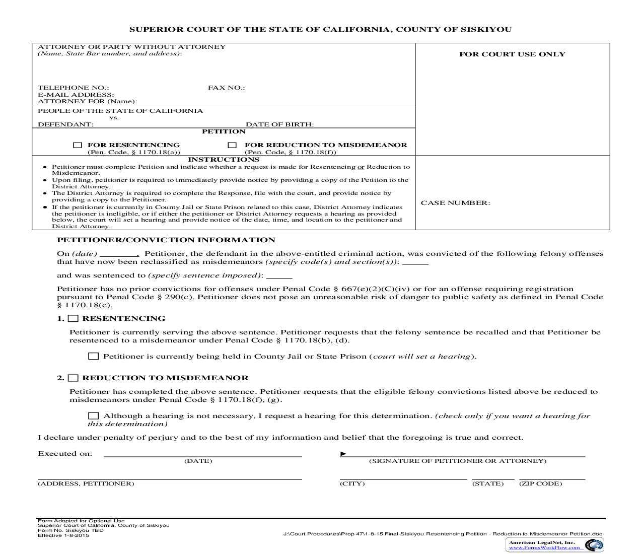Petition For Resentencing-For Reduction To Misdemeanor (Proposition 47) {SC-CR-1} | Pdf Fpdf Doc Docx | California