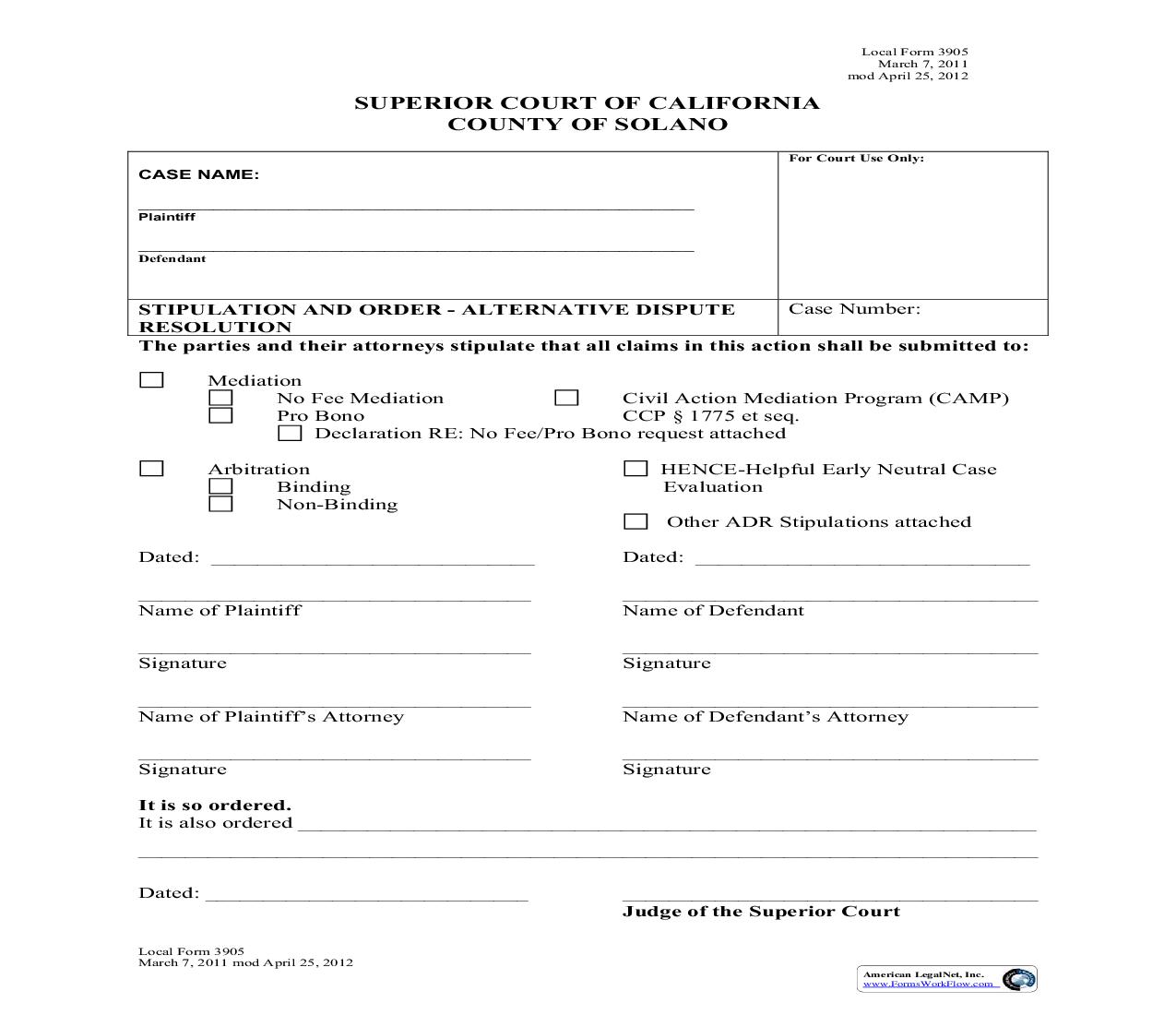 Stipulation And Order-Alternative Dispute Resolution {3905} | Pdf Fpdf Doc Docx | California
