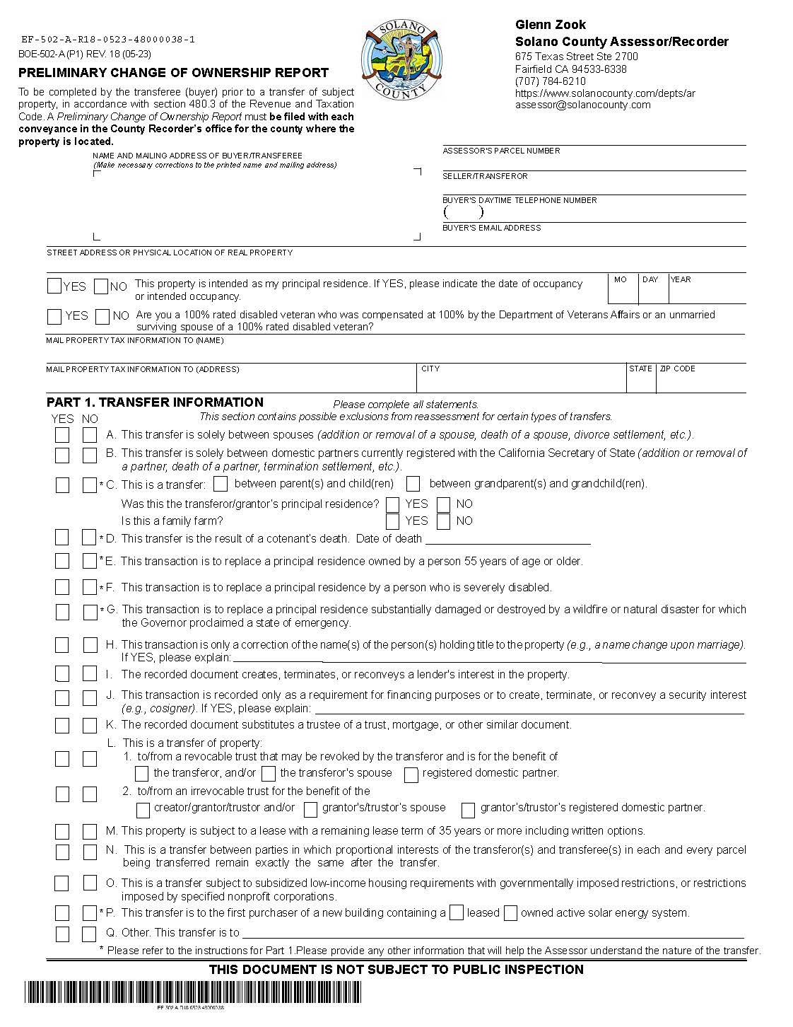 Preliminary Change Of Ownership Report (Solano) {BOE-502-A} | Pdf Fpdf Docx | California