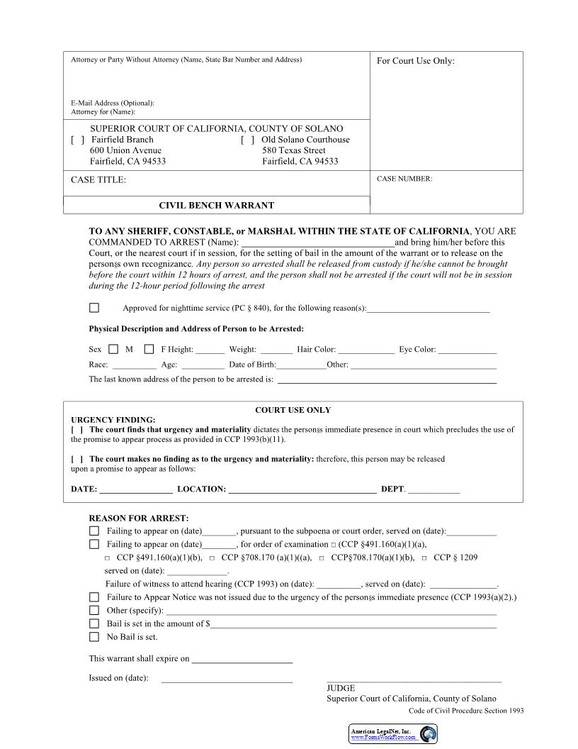 Civil Bench Warrant | Pdf Fpdf Docx | California