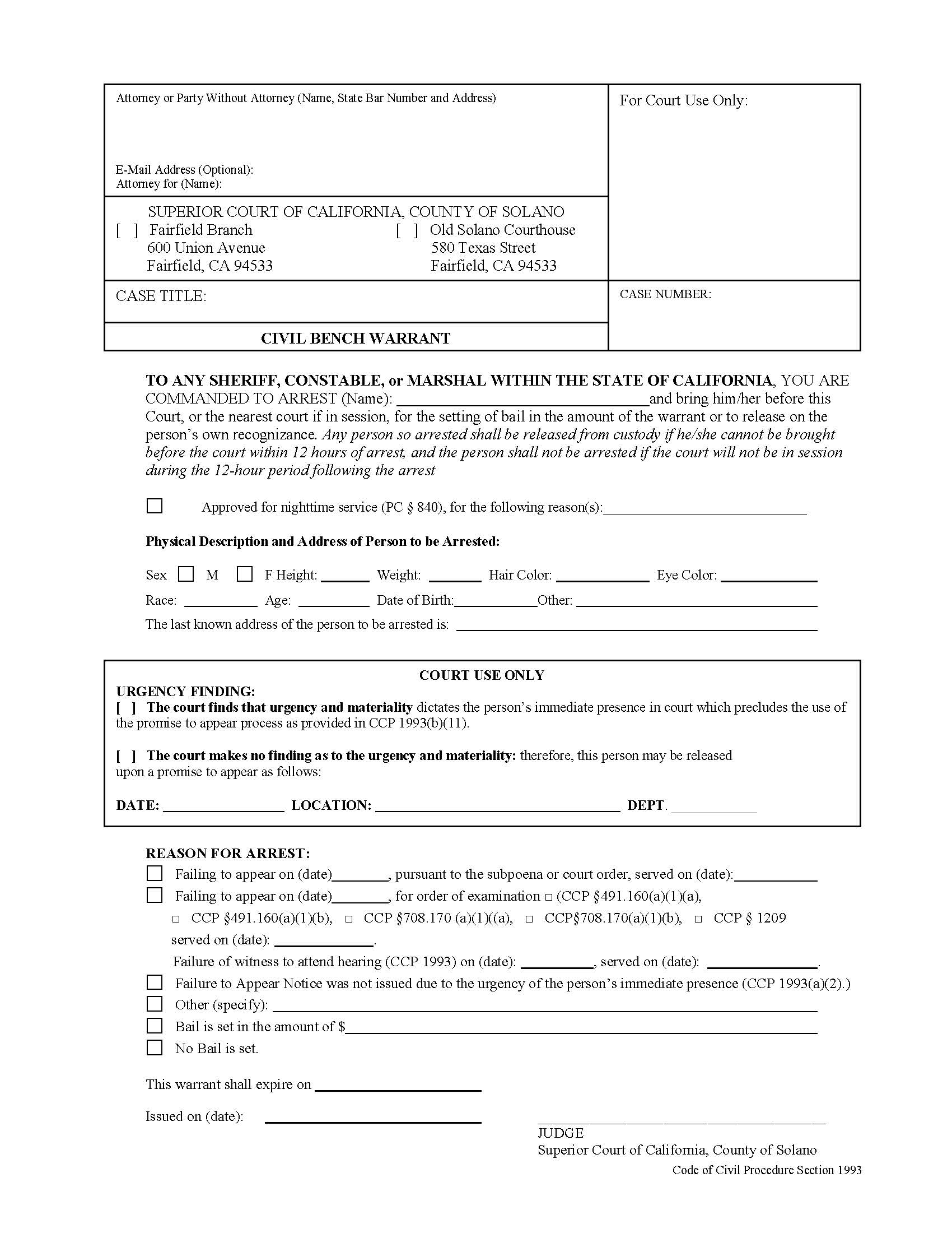 Civil Bench Warrant | Pdf Fpdf Docx | California