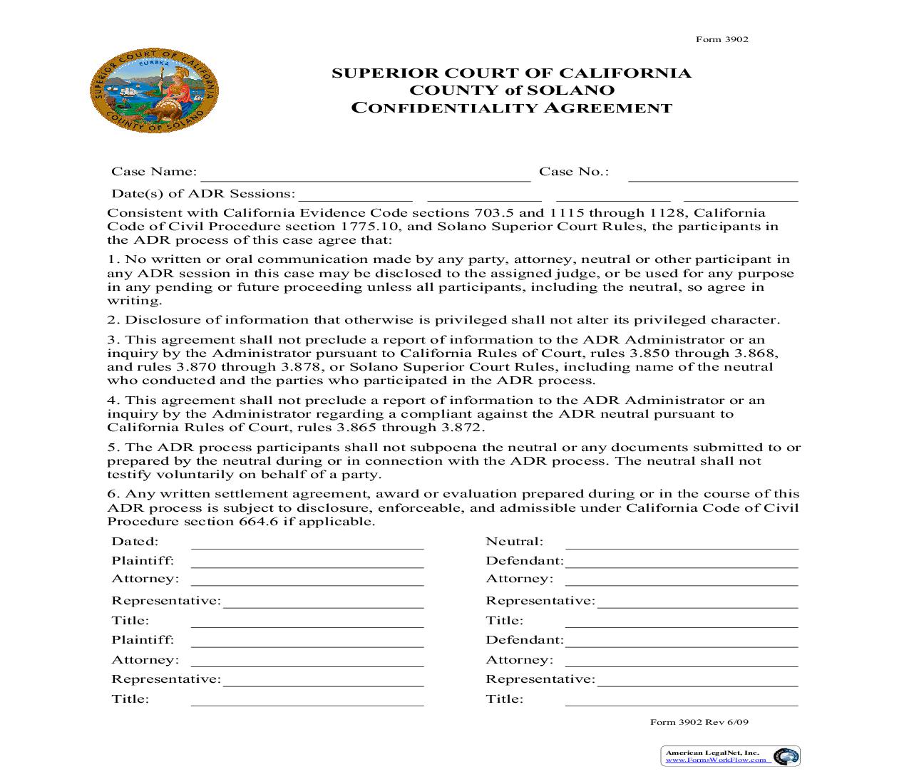 Confidentiality Agreement (ADR) {3902} | Pdf Fpdf Doc Docx | California