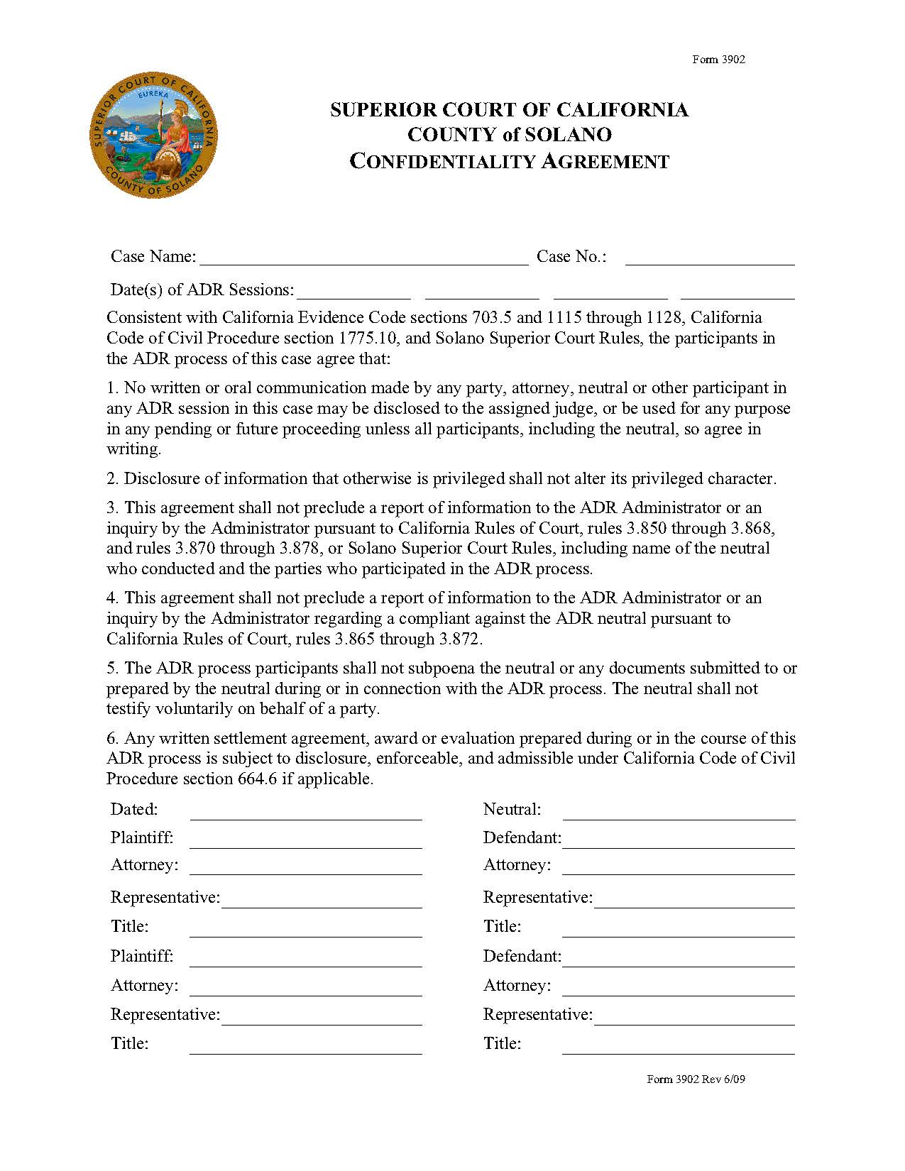 Confidentiality Agreement (ADR) {3902} | Pdf Fpdf Doc Docx | California