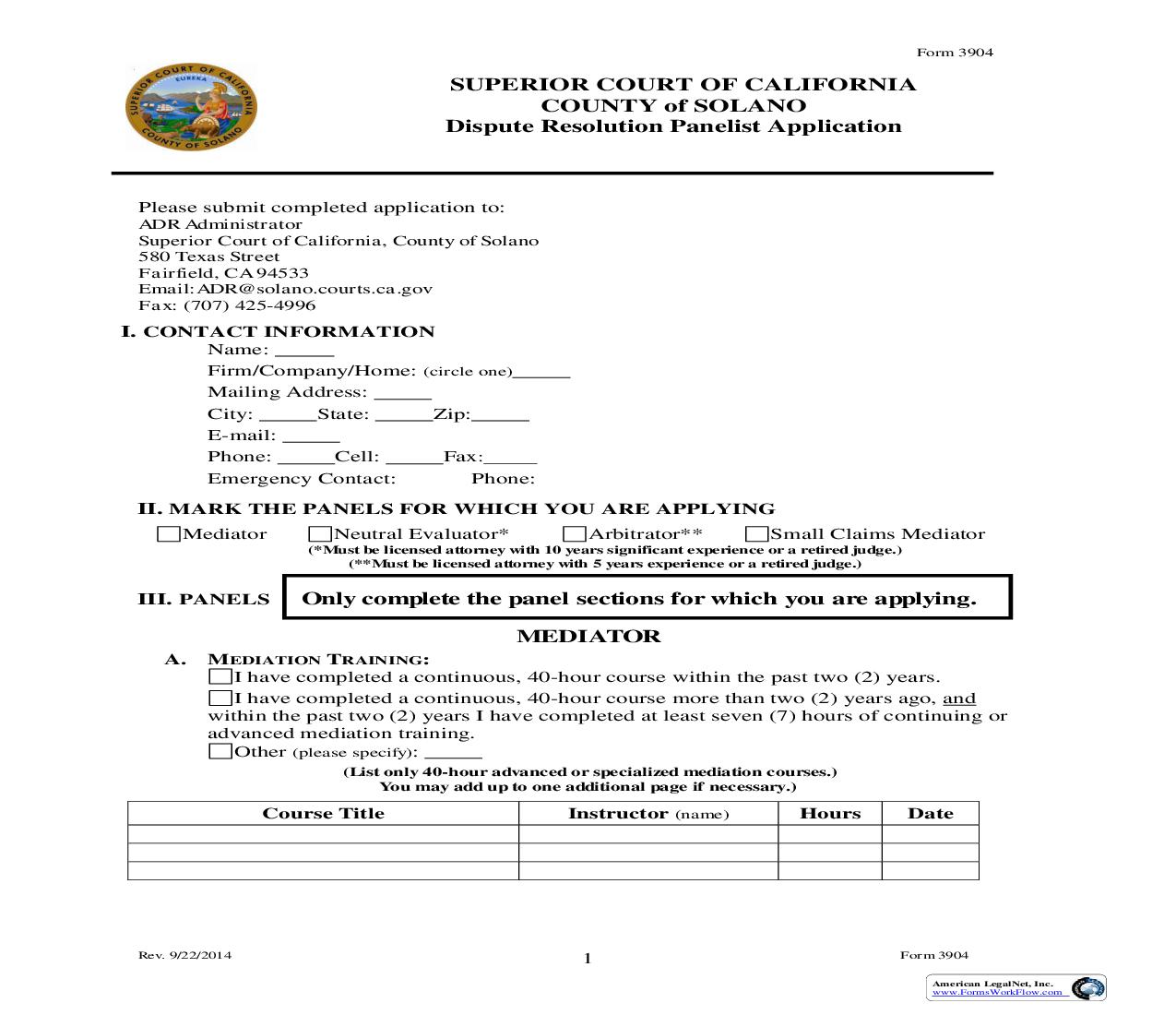 Dispute Resolution Panelist Application {3904} | Pdf Fpdf Doc Docx | California