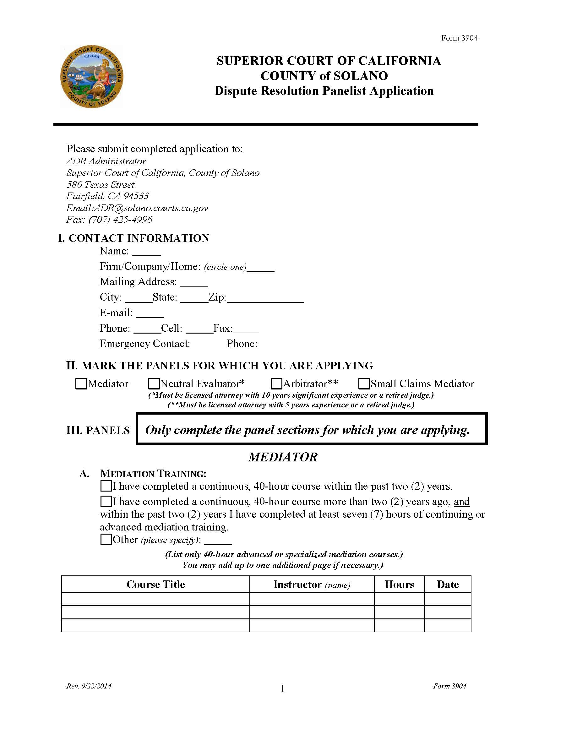 Dispute Resolution Panelist Application {3904} | Pdf Fpdf Doc Docx | California