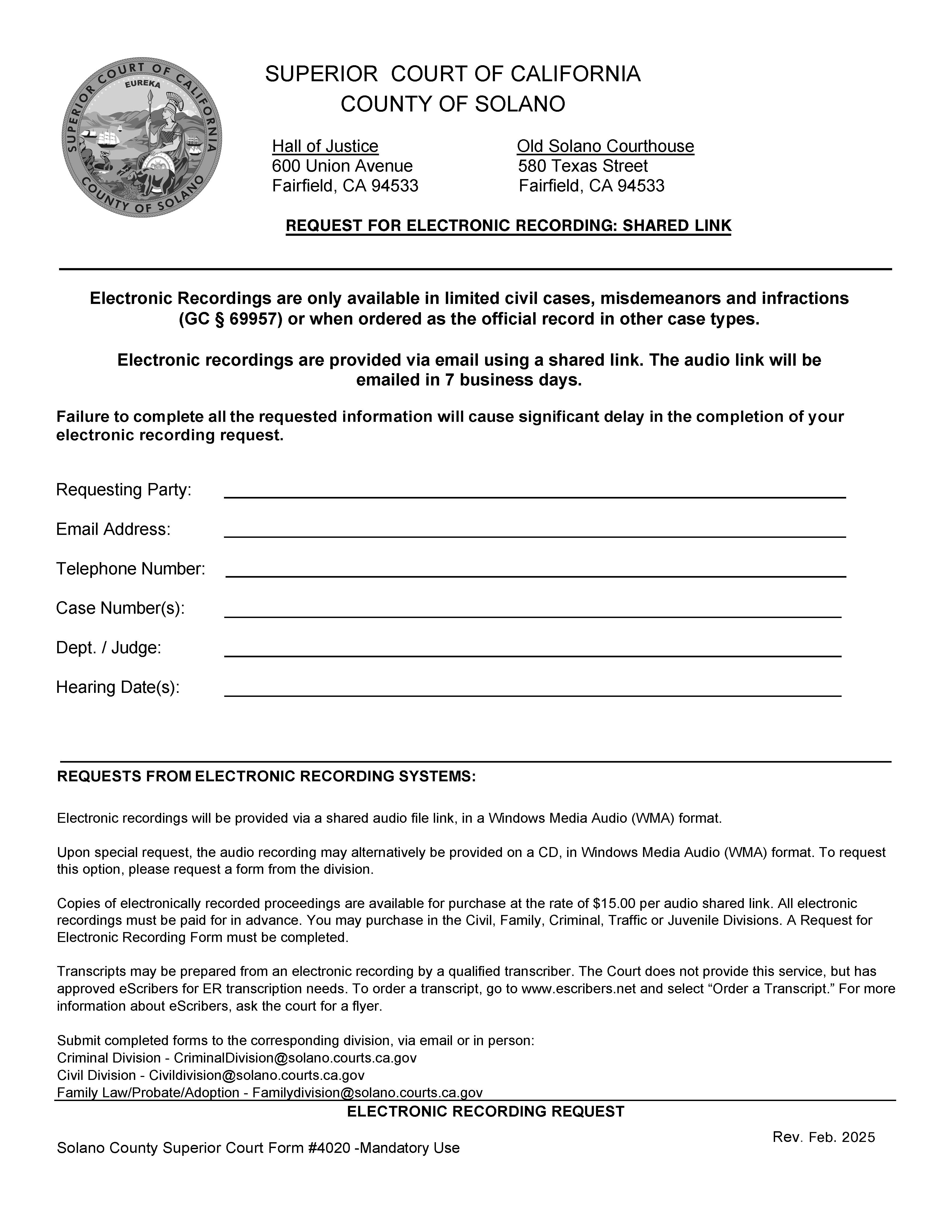 Electronic Recording Request {4020-CR} | Pdf Fpdf Doc Docx | California