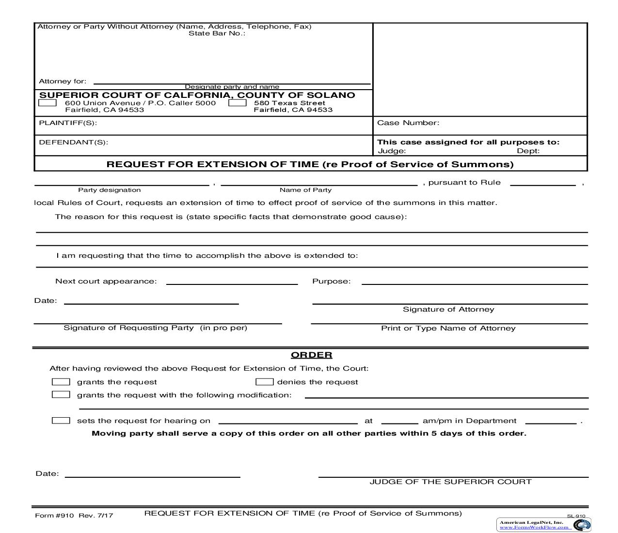 Request For Extension Of Time Re Proof Of Service Of Summons {910} | Pdf Fpdf Doc Docx | California