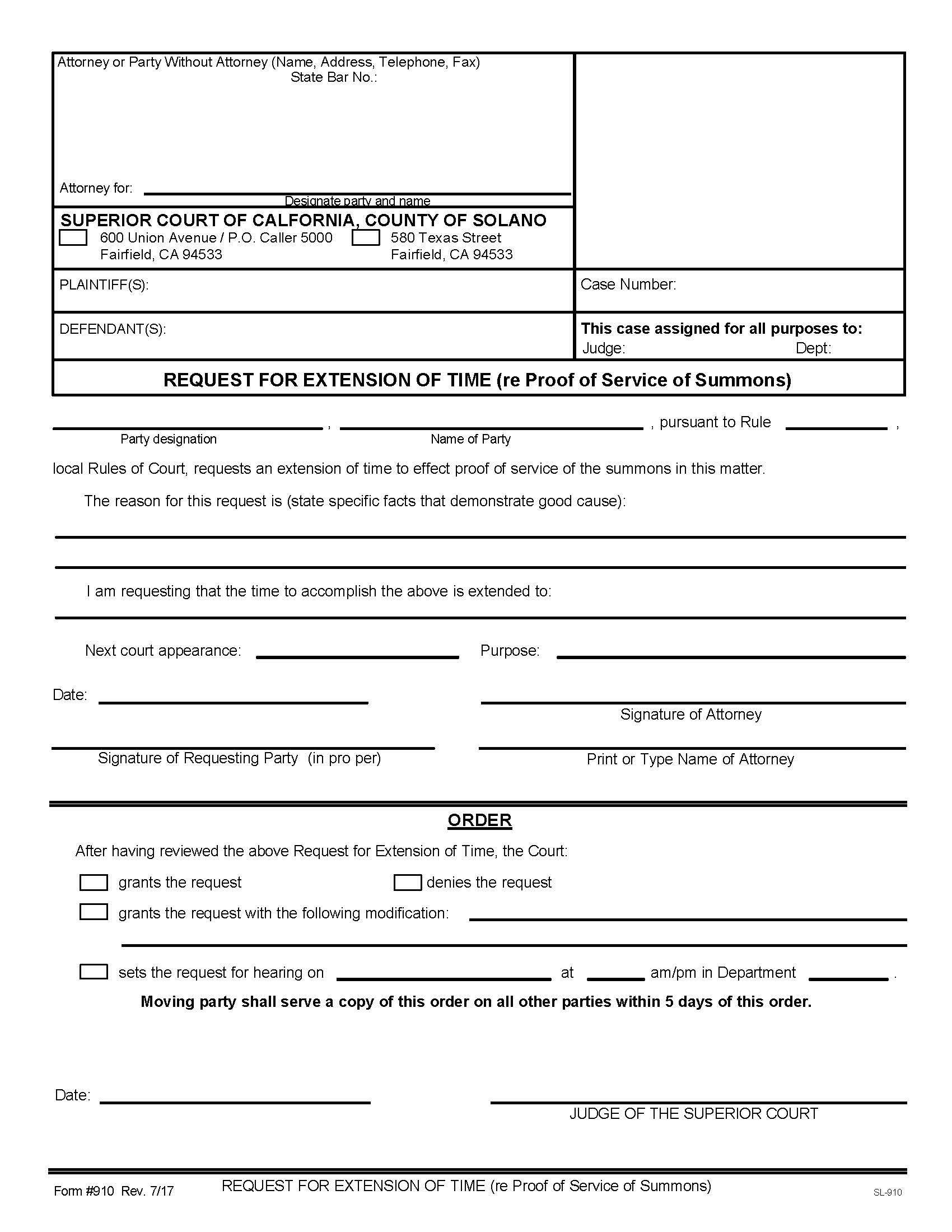 Request For Extension Of Time Re Proof Of Service Of Summons {910} | Pdf Fpdf Doc Docx | California