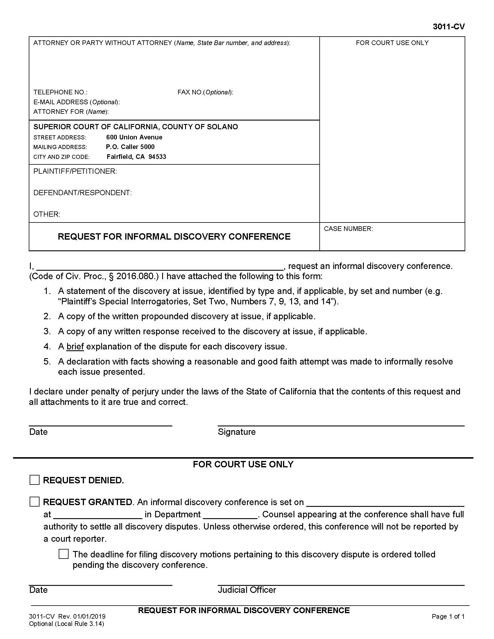 Request For Informal Discovery Conference {3011-CV} | Pdf Fpdf Docx | California