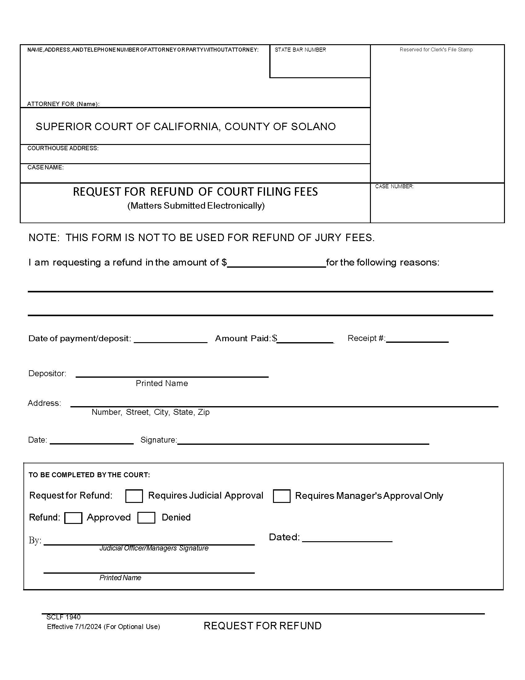 Request Refund Of Court Filing Fees (Matters Submitted Electronically) {1940} | Pdf Fpdf Docx | California