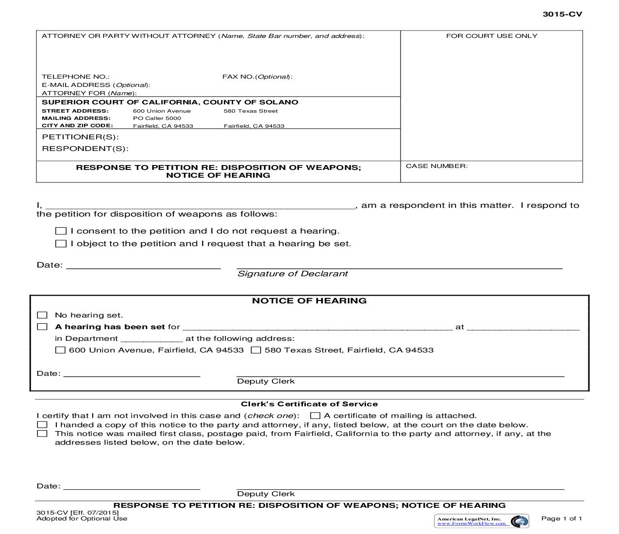 Response To Petition Re Disposition Of Weapons Notice Of Hearing {3015-CV} | Pdf Fpdf Doc Docx | California