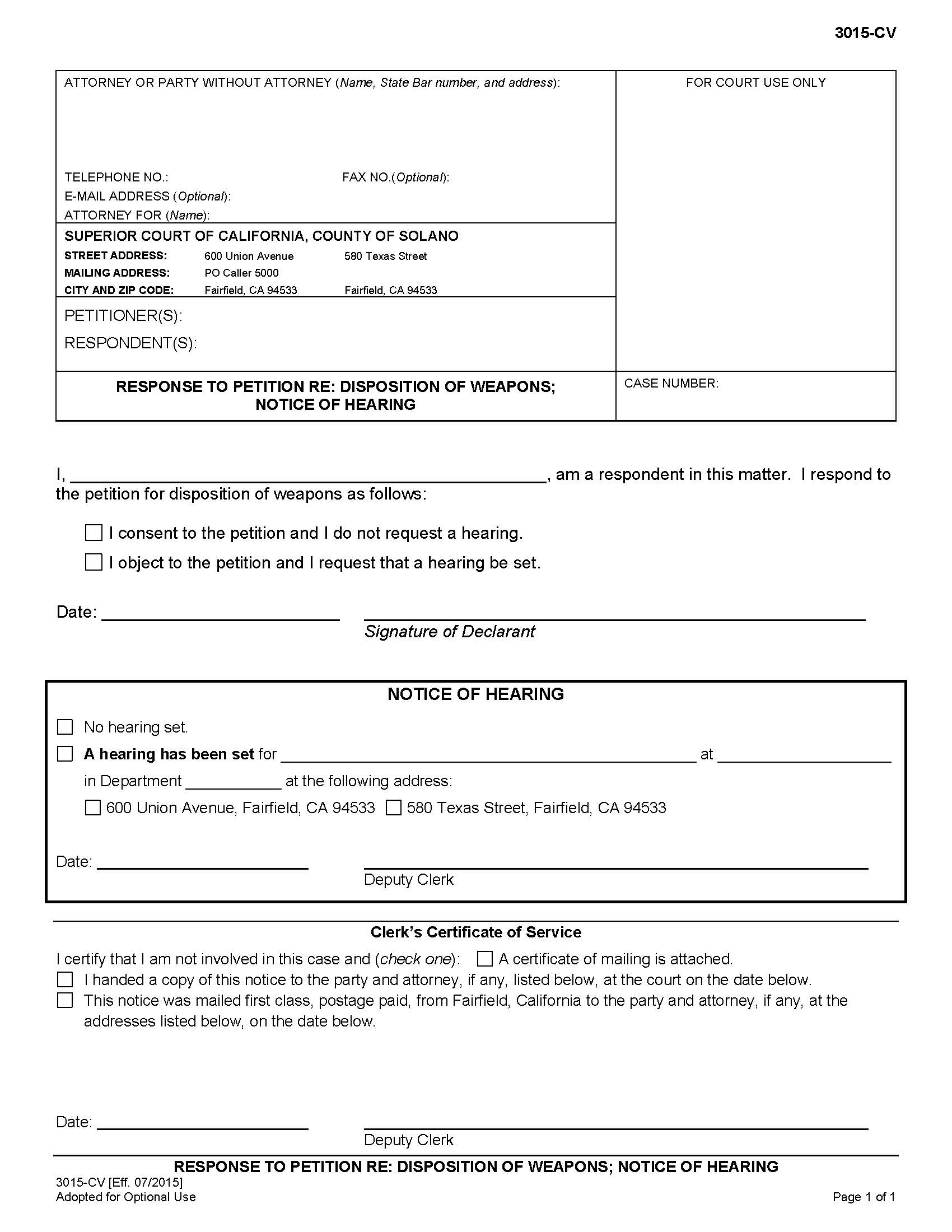 Response To Petition Re Disposition Of Weapons Notice Of Hearing {3015-CV} | Pdf Fpdf Doc Docx | California