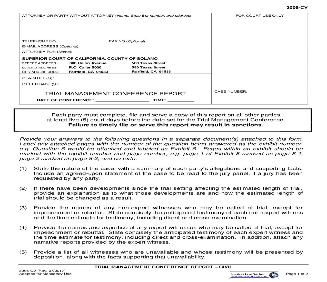 Trial Management Conference Report {3006-CV} | Pdf Fpdf Doc Docx | California