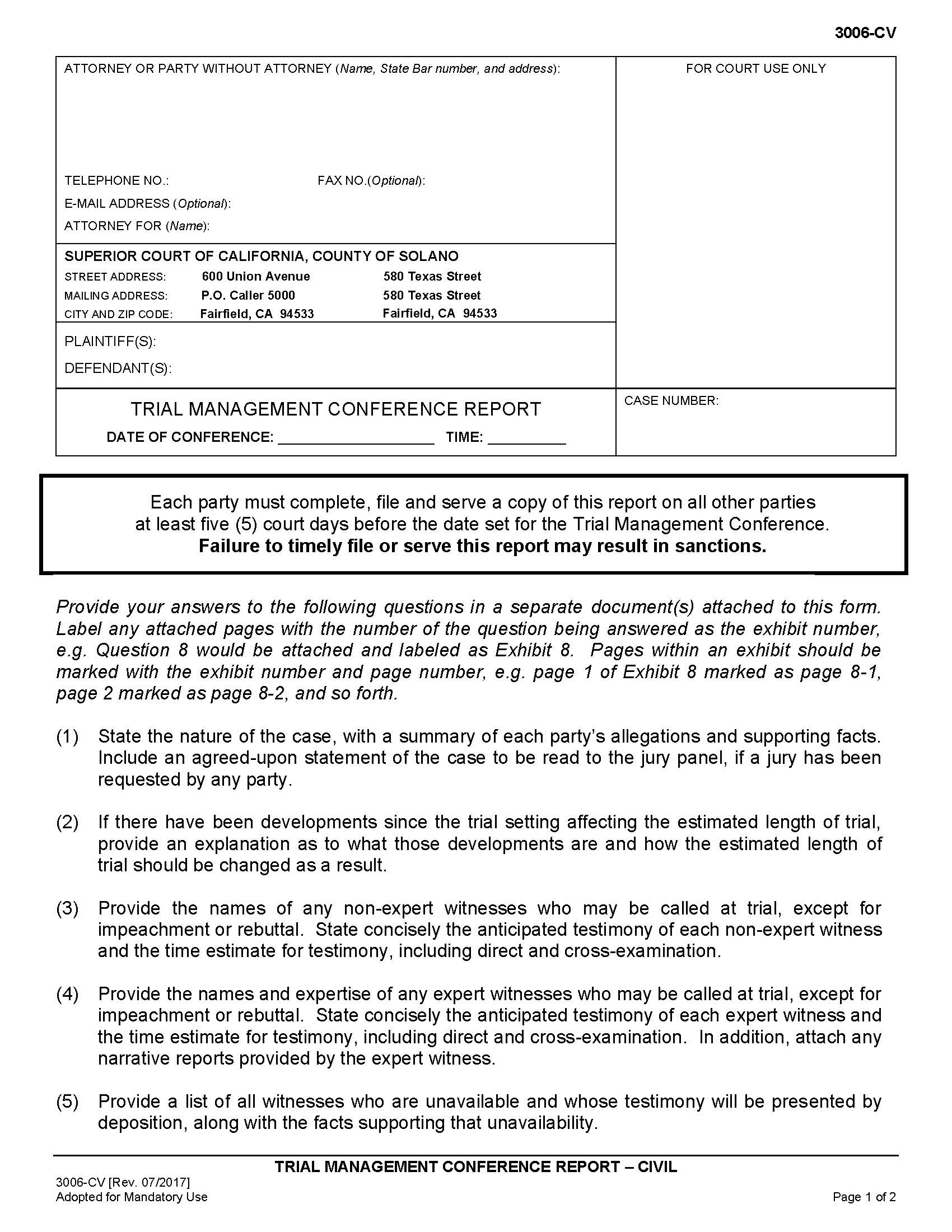 Trial Management Conference Report {3006-CV} | Pdf Fpdf Doc Docx | California