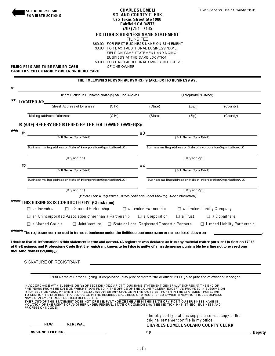 Fictitious Business Name Statement (Solano) | Pdf Fpdf Doc Docx | California
