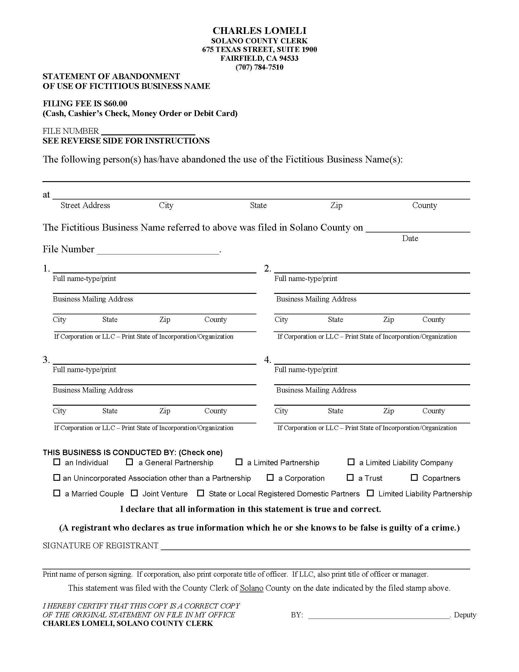 Statement Of Abandonment Of Use Of Fictitious Business Name (Solano) | Pdf Fpdf Doc Docx | California