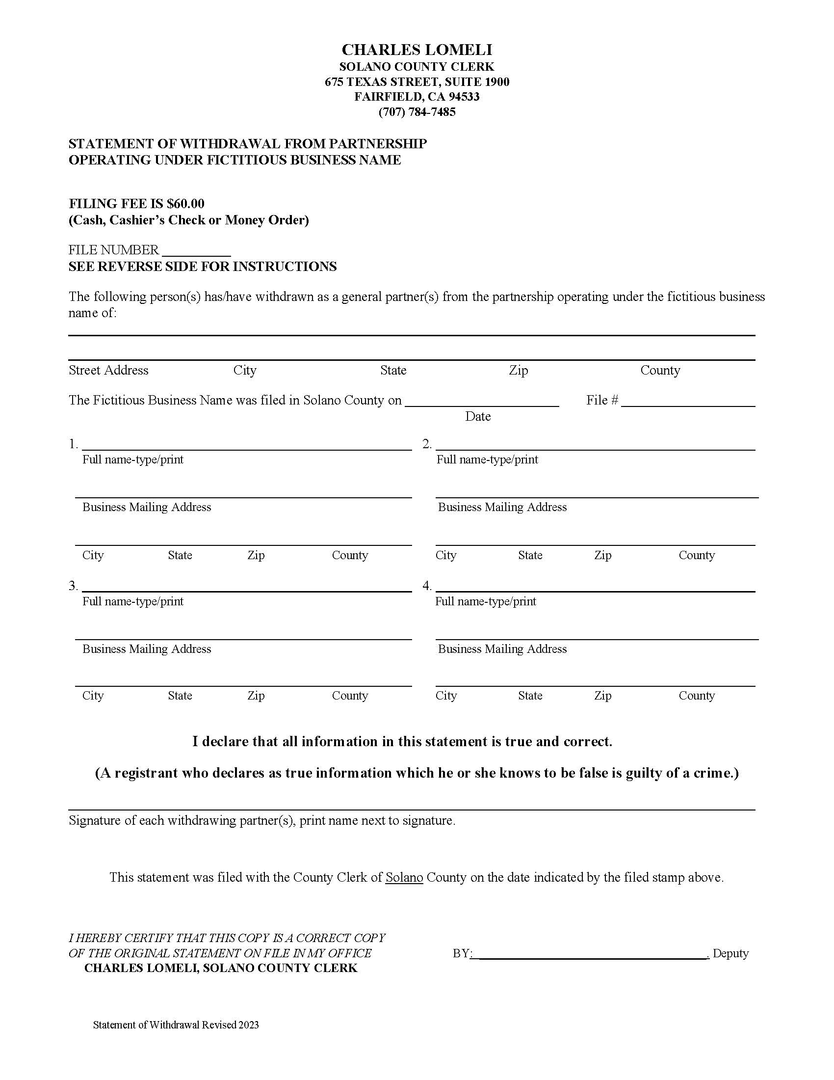 Statement Of Withdrawal From Partnership Operating Under Fictitious Business Name (Solano) | Pdf Fpdf Doc Docx | California