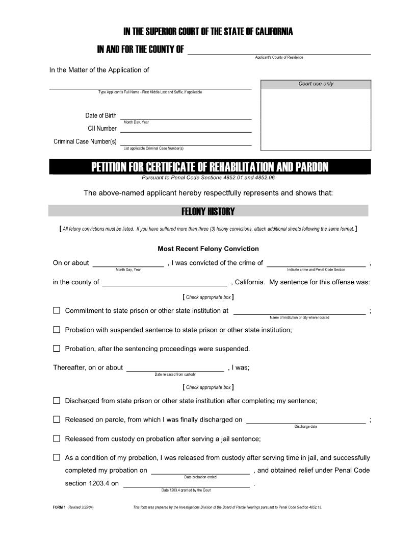 Applying For A Certificate Of Rehabilitation And Pardon (Petition And Notice) | Pdf Fpdf Docx | California