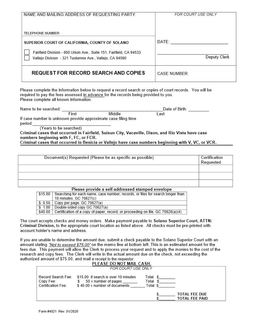 Request For Record Search And Copies {4021} | Pdf Fpdf Doc Docx | California