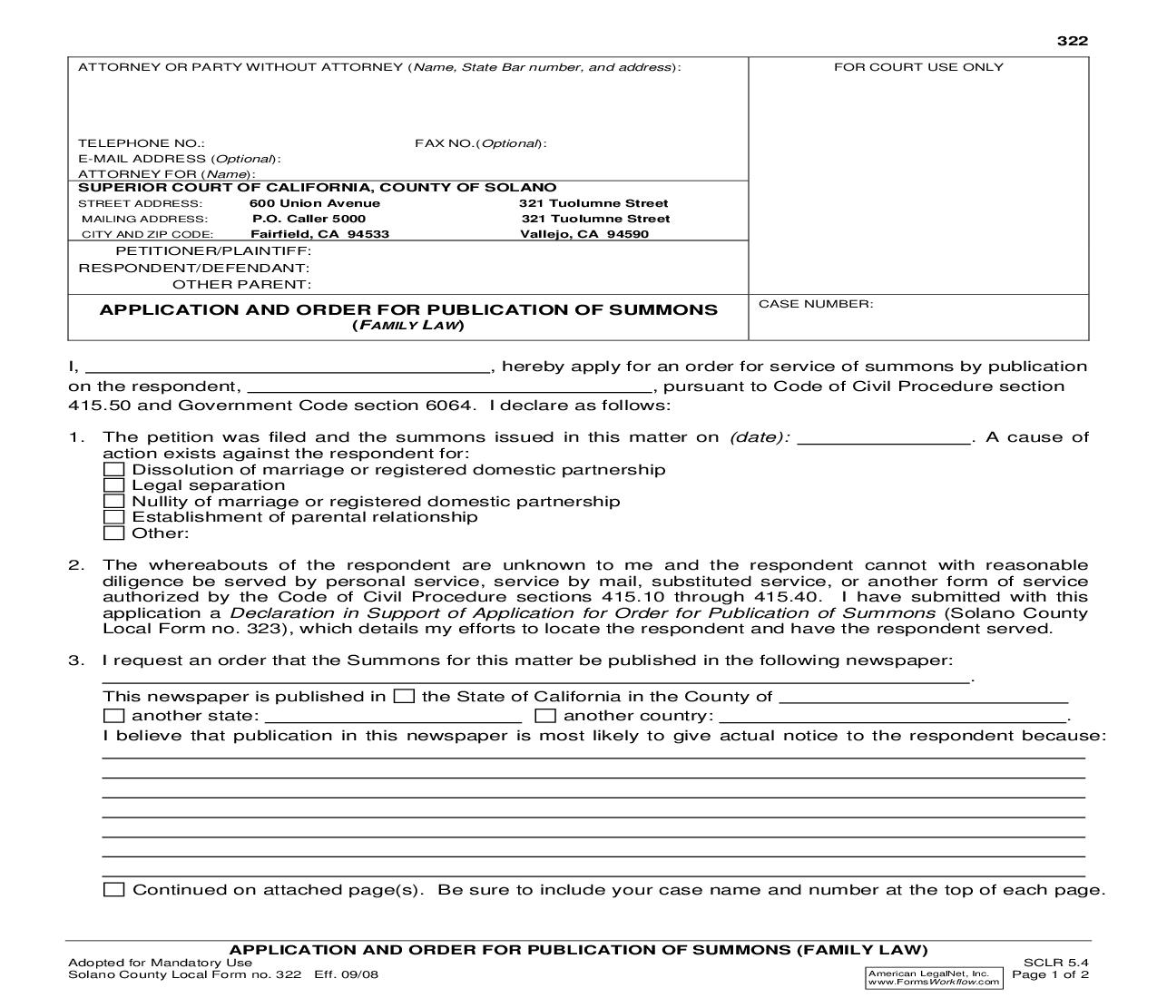 Application And Order For Publication Of Summons (Family Law) {322} | Pdf Fpdf Doc Docx | California