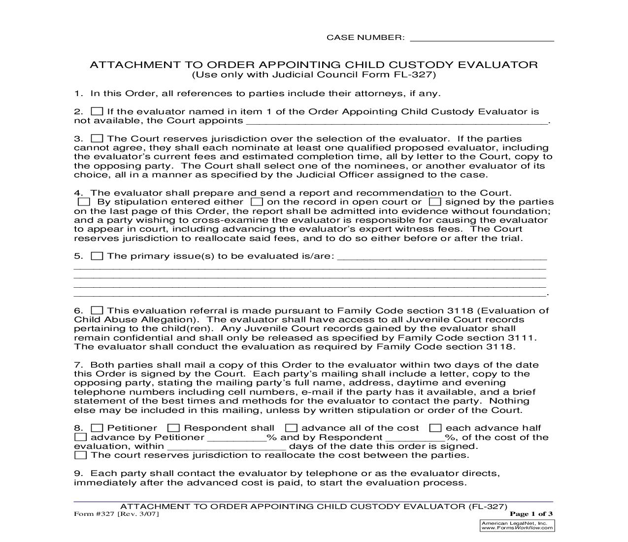 Attachment To Order Appointing Child Custody Evaluator {327} | Pdf Fpdf Doc Docx | California