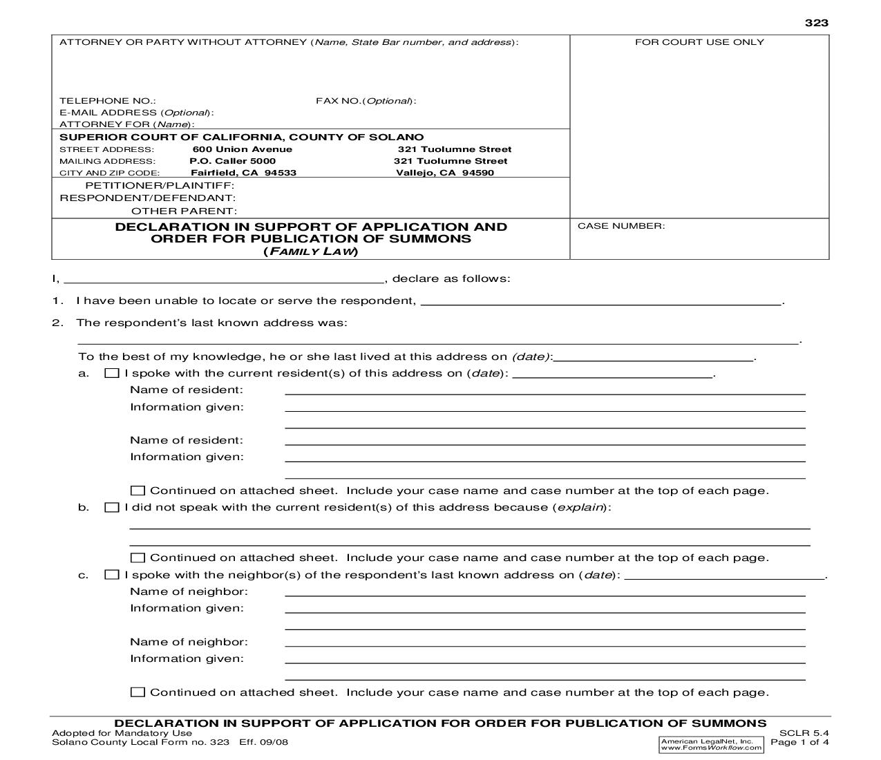 Declaration In Support Of Application For Order For Publication Of Summons {323} | Pdf Fpdf Doc Docx | California