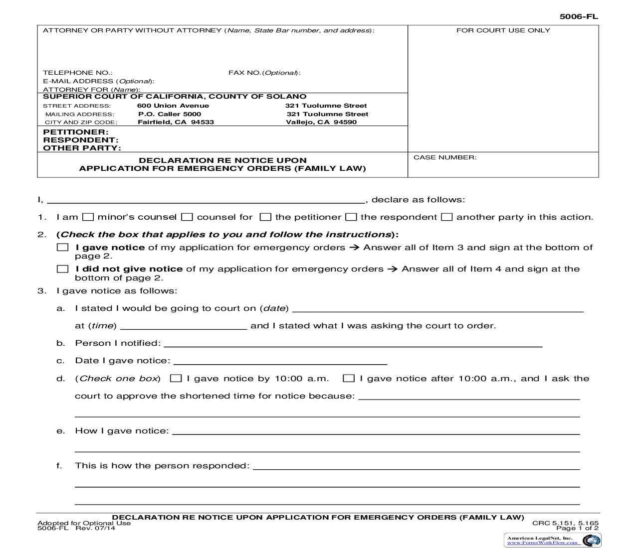 Declaration Re Notice Upon Application For Emergency Orders (Family Law) {5006-FL} | Pdf Fpdf Doc Docx | California