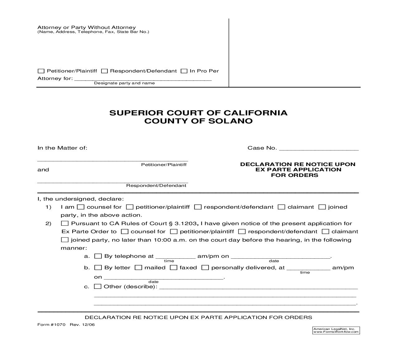 Declaration Re Notice Upon Ex Parte Application For Orders {1070} | Pdf Fpdf Doc Docx | California
