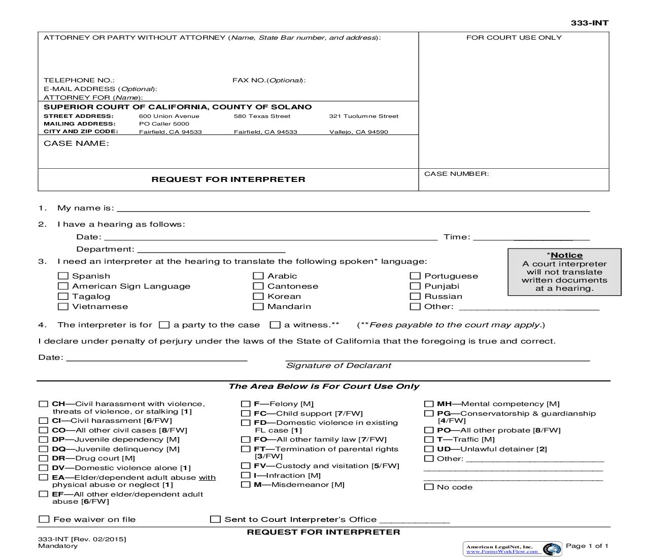 Request For Interpreter {333-INT} | Pdf Fpdf Doc Docx | California